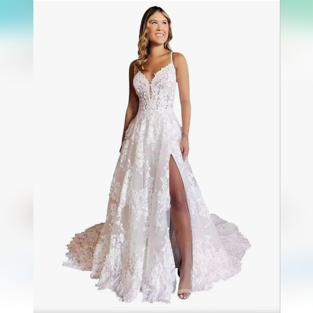 New- Wedding Dress Spaghetti Strap V Neck Elegant Bridal Gown Backless With Slit